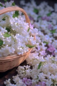 Fresh jasmine flowers in and around a woven basket, symbolizing natural beauty and the origin of fine fragrances.