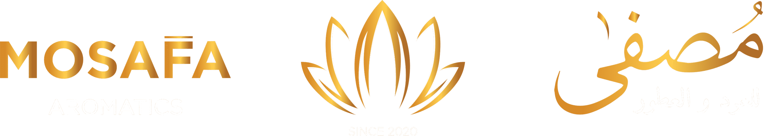 Mosafa Aromatics logo featuring a golden floral emblem with Arabic and English Gotham text on a transparent background.