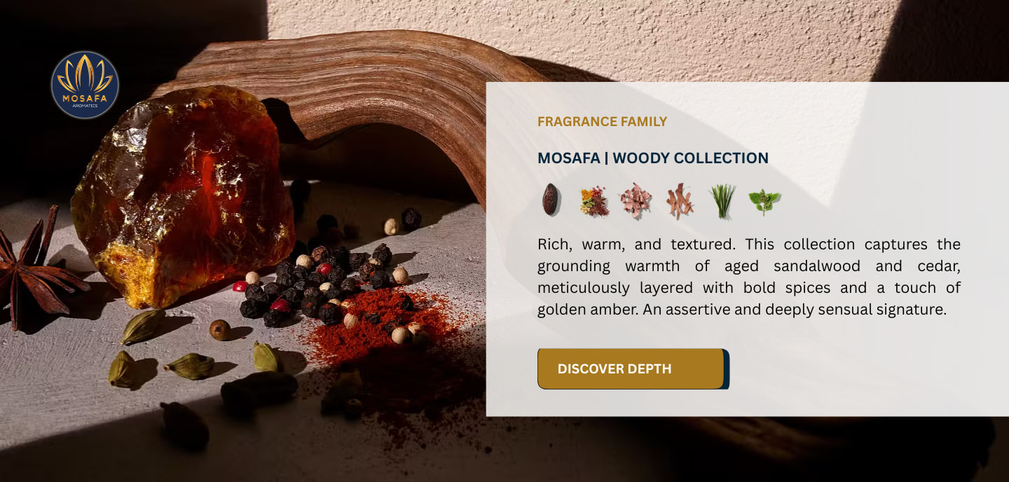 A textured composition of sandalwood shavings, cedar planks, vetiver roots, and earthy spices like cardamom.