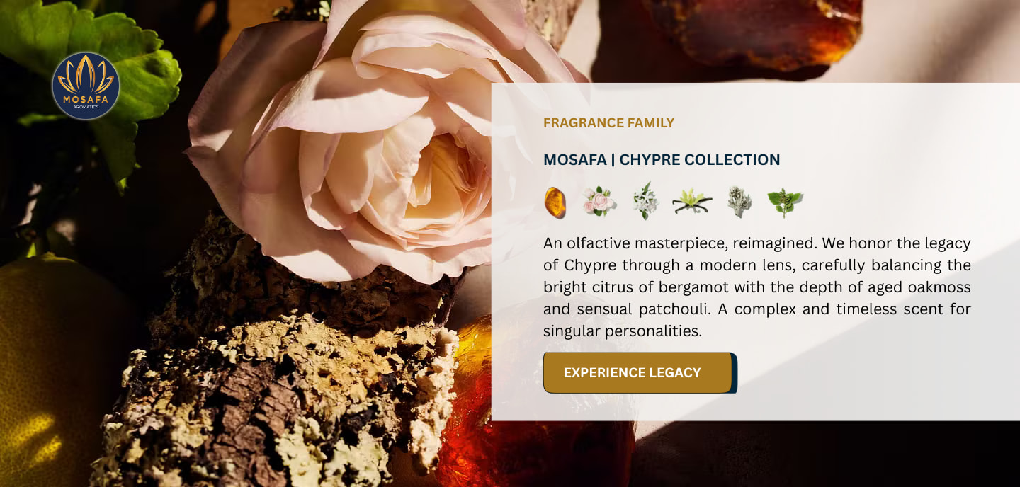 A sophisticated still-life featuring green oakmoss, a halved bergamot, velvety rose petals, and patchouli leaves.