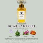 The luxurious Royal Patchouli perfume in a golden-hued, Tom Ford-style glass bottle with a black cap, set beside artistic representations of its key notes: patchouli leaves, cinnamon sticks, and vanilla pods.
