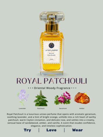 The luxurious Royal Patchouli perfume in a golden-hued, Tom Ford-style glass bottle with a black cap, set beside artistic representations of its key notes: patchouli leaves, cinnamon sticks, and vanilla pods.