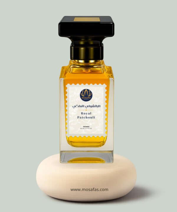 The luxurious Royal Patchouli perfume in a golden-hued, Tom Ford-style glass bottle with a black cap, set beside artistic representations of its key notes: patchouli leaves, cinnamon sticks, and vanilla pods.