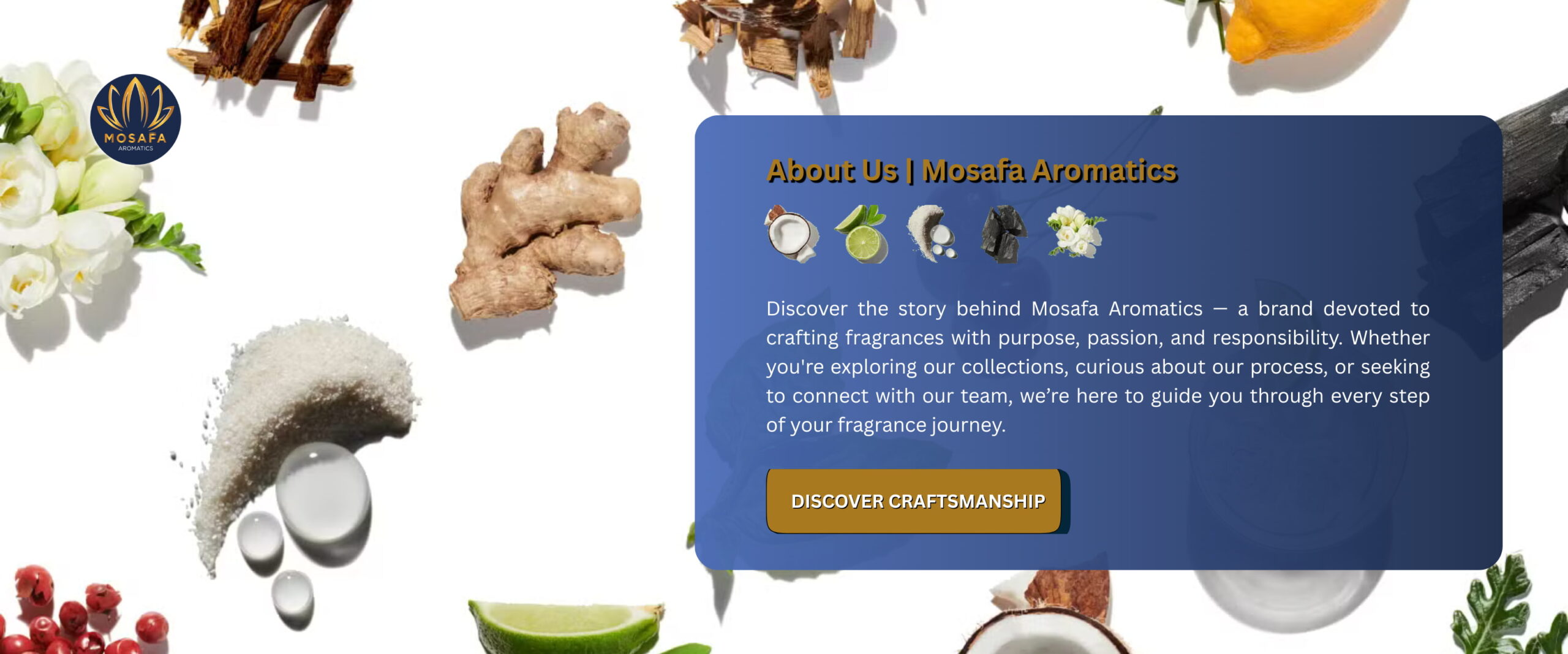 A clean banner featuring the text “About Us | Mosafa Aromatics,” with a refined background and a luxury-style layout.