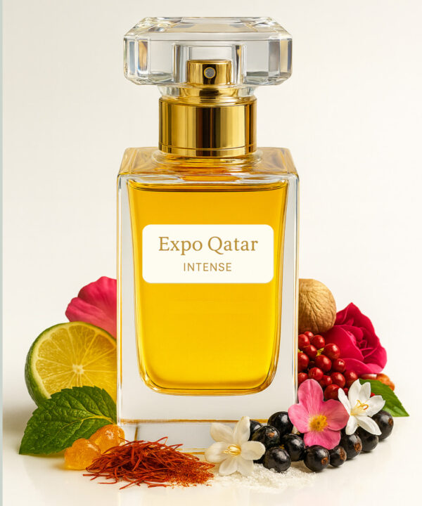 A 50ml Mosafa Aromatics perfume bottle labeled “Expo Qatar,” styled with a luxurious Oriental Fruity Woody theme and presented with warm, elegant tones.