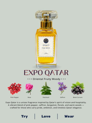 A 50ml Mosafa Aromatics perfume bottle labeled “Expo Qatar,” styled with a luxurious Oriental Fruity Woody theme and presented with warm, elegant tones.