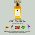 A 50ml Mosafa Aromatics perfume bottle labeled “Oud Markisa,” featuring an Exotic Fruity Oud fragrance, styled with luxurious tropical and woody tones.