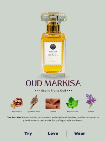 A 50ml Mosafa Aromatics perfume bottle labeled “Oud Markisa,” featuring an Exotic Fruity Oud fragrance, styled with luxurious tropical and woody tones.