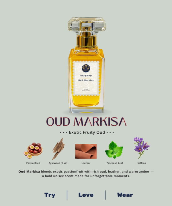 A 50ml Mosafa Aromatics perfume bottle labeled “Oud Markisa,” featuring an Exotic Fruity Oud fragrance, styled with luxurious tropical and woody tones.
