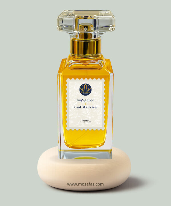 A 50ml Mosafa Aromatics perfume bottle labeled “Oud Markisa,” featuring an Exotic Fruity Oud fragrance, styled with luxurious tropical and woody tones.